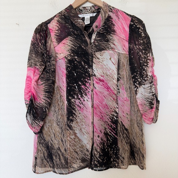 Tops - Diane Von Furstenburg Women‎ 100% Silk Top Pink Brown Button Front 3/4 Sleeve